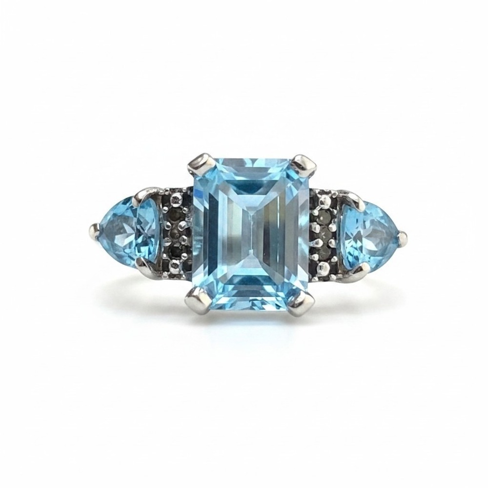 Art Deco Sterling Silver Blue Topaz CZ Three Stone Emerald Cut Ring Size 7.25